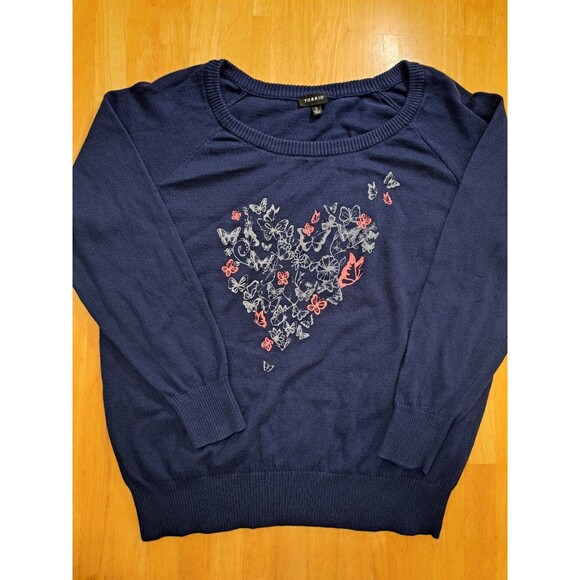 Torrid Size 2 Womens Sweater Navy Floral Butterfly Hearts Scoop Neck Pullover 2X - Picture 1 of 12